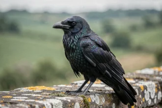 Femelle corbeau perchée sur un vieux mur en pierre dans la campagne française, plumage noir brillant aux reflets bleu-vert