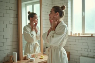 Femme en robe de lin regardant son reflet dans le miroir de la salle de bain avec tendresse et acceptation de soi