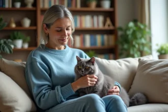 Femme caressant un chat angora gris sur son fauteuil