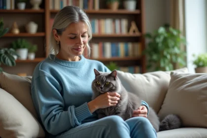 Femme caressant un chat angora gris sur son fauteuil