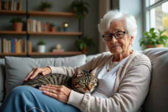 Femme agee caressant un chat serein sur son fauteuil
