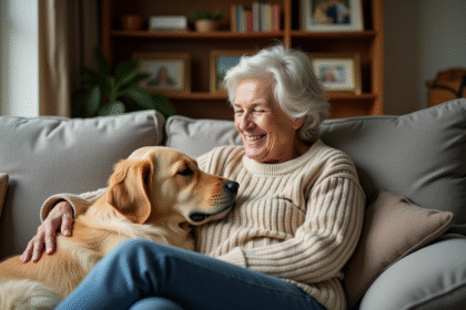 Femme âgée avec son chien golden retriever dans le salon