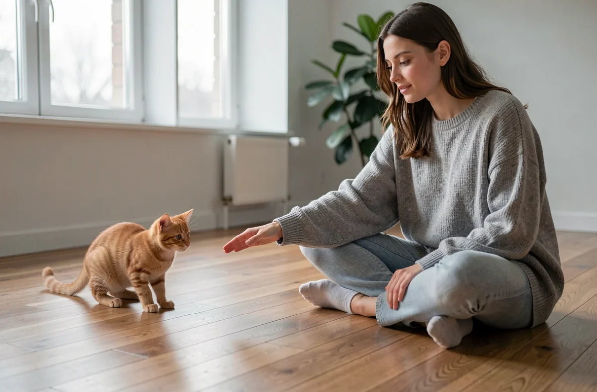 Jeune femme tendant la main doucement vers un chaton roux méfiant sur un parquet dans un appartement scandinave