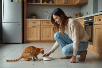 Jeune femme arrangeant des bols pour chat dans la cuisine