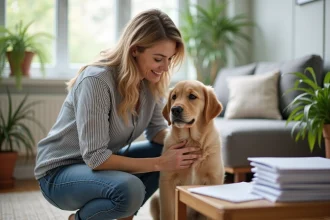 Femme souriante avec un chiot golden retriever dans un salon lumineux