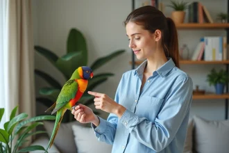 Jeune femme avec loriquet dans un salon calme