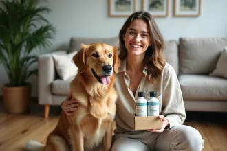 Femme souriante avec un chien golden retriever dans un salon