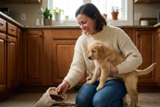 Jeune femme avec chiot golden retriever dans la cuisine