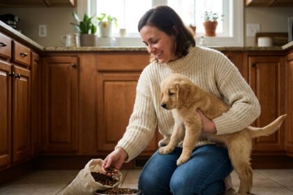 Jeune femme avec chiot golden retriever dans la cuisine