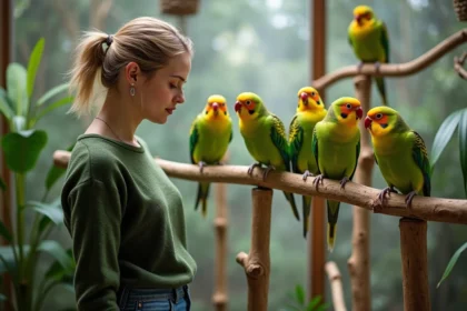 Femme observant des kakarikis et perruches dans un aviary intérieur