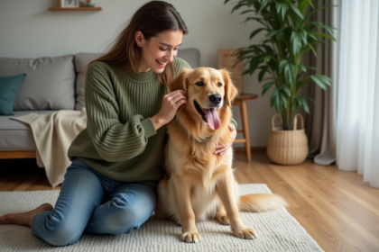 Jeune femme caressant un golden retriever dans un salon moderne