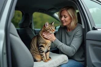 Femme réconfortant son chat dans la voiture
