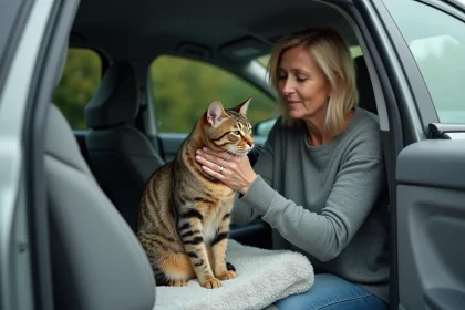 Femme réconfortant son chat dans la voiture