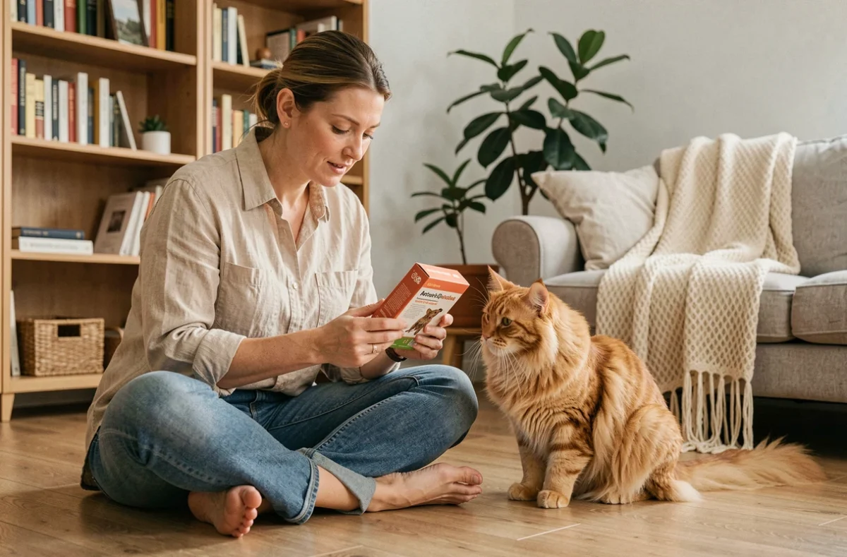 Femme lisant la notice d'un traitement antiparasitaire pour chat à la maison avec son Maine Coon orange assis à côté d'elle