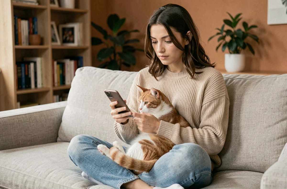 Jeune femme tenant son chat dans les bras et recherchant des informations sur la contraception féline sur internet