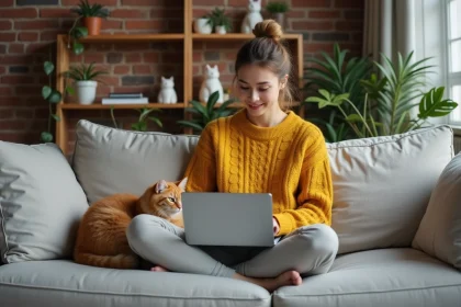 Jeune femme passionnée de chats naviguant sur un site dédié aux félins avec son chat roux sur le canapé