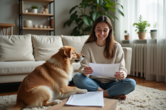 Femme souriante avec son chien vérifiant documents d'assurance