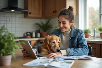 Femme souriante avec chien golden retriever et brochures d'assurance