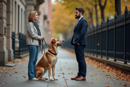 Femme et chien en ville avec homme en costume