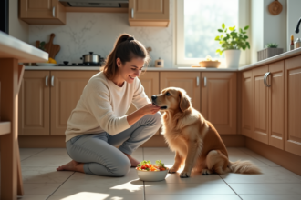 Femme souriante donnant à manger à son chien dans la cuisine
