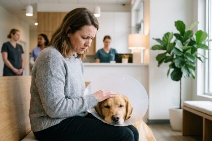 Femme inquiète avec son chien golden retriever malade dans une salle d'attente vétérinaire
