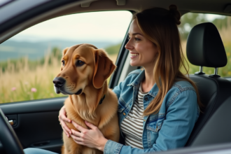 Jeune femme avec chien dans une voiture en campagne