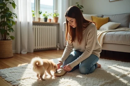 Jeune femme avec chien chihuahua dans un salon chaleureux