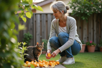 Femme en jeans et pull plantant des zestes de citron dans le jardin