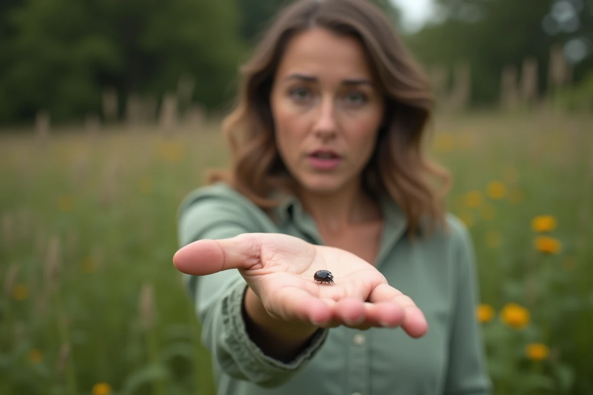 Femme tenant une coccinelle noire sur son doigt dans un jardin, moment de découverte et de symbolique porte-bonheur