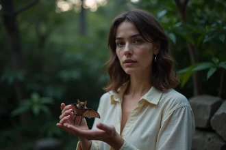 Femme contemplative tenant un petit chauve-souris dans un jardin