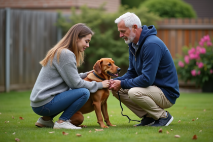 Jeune femme avec chien dans le jardin de banlieue