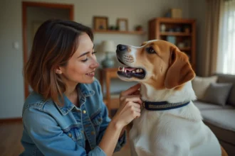 Femme ajustant le collier d'un chien dans un salon chaleureux