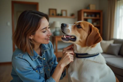 Femme ajustant le collier d'un chien dans un salon chaleureux