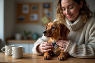 Femme tenant un chien en attachant une plaque gravée