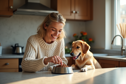 Femme souriante donnant de la nourriture à son chien dans la cuisine