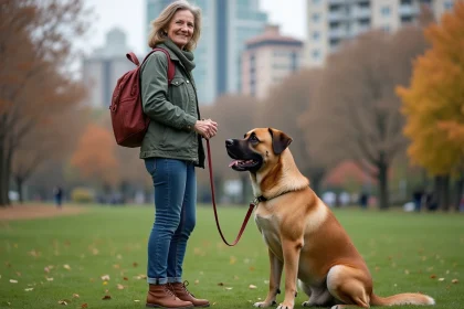 Femme d'âge moyen avec chien musclé dans un parc urbain