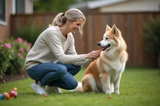 Femme et grand chien fluffy dans un jardin ensoleille