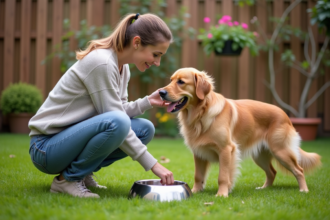 Femme remplissant un bol d'eau pour son chien dans le jardin