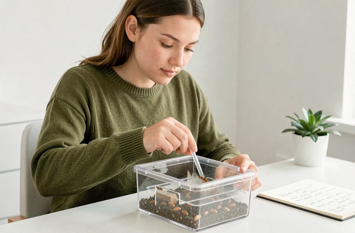 Jeune femme installant un kit fourmilière creusable pour débutant sur une table blanche dans un appartement minimaliste