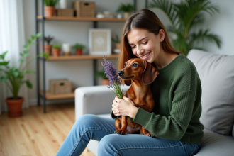 Femme sentant une branche de lavande avec son chien
