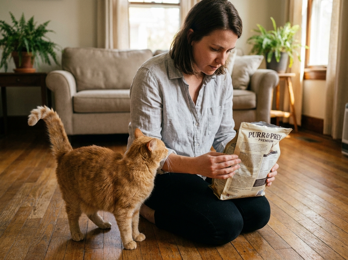 Femme lisant les informations nutritionnelles d'un sac de croquettes pour chat sensible avec son chat roux à ses côtés