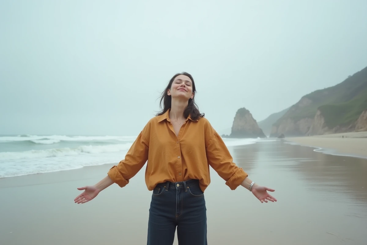 Femme seule sur une plage déserte les bras ouverts et le visage tourné vers le ciel, symbole d'acceptation et de liberté intérieure