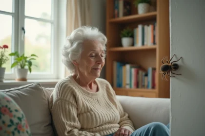 Femme âgée regardant un petit araignée dans son salon