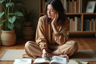 Femme méditant sur son animal totem avec un journal de nature et une figurine de loup posée devant elle
