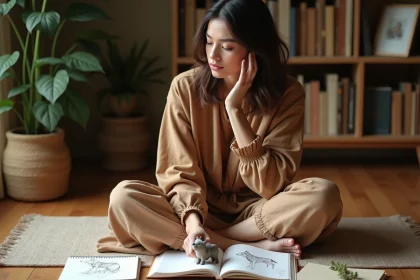 Femme méditant sur son animal totem avec un journal de nature et une figurine de loup posée devant elle