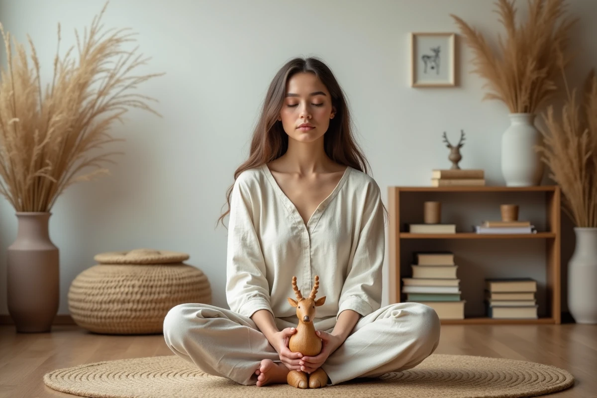 Femme en méditation avec une figurine de cerf, exploration spirituelle et interprétation des rêves