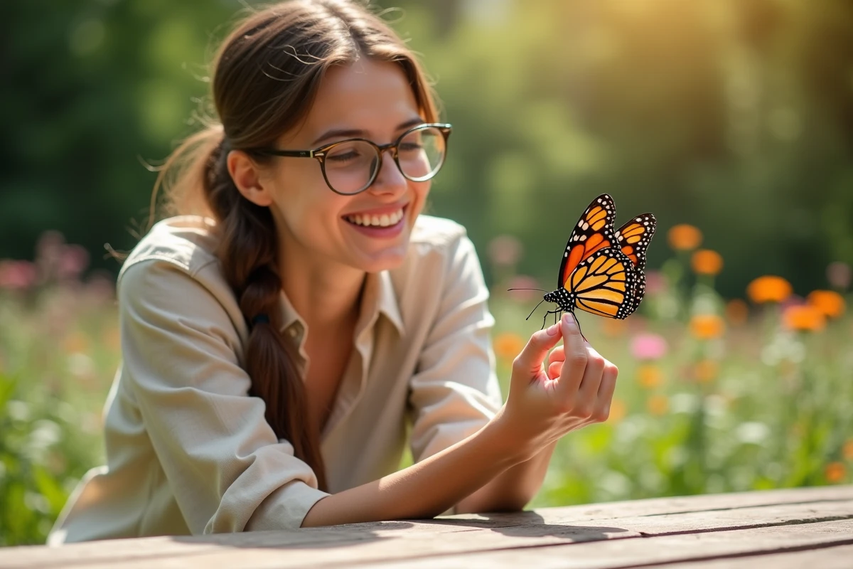 Jeune femme en chemise en lin observant un papillon monarque posé sur son doigt dans un jardin botanique en plein air