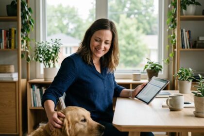 Femme au bureau avec chien doré et tablette