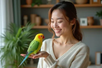 Jeune femme avec un kakariki dans une salle chaleureuse