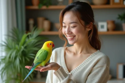 Jeune femme avec un kakariki dans une salle chaleureuse